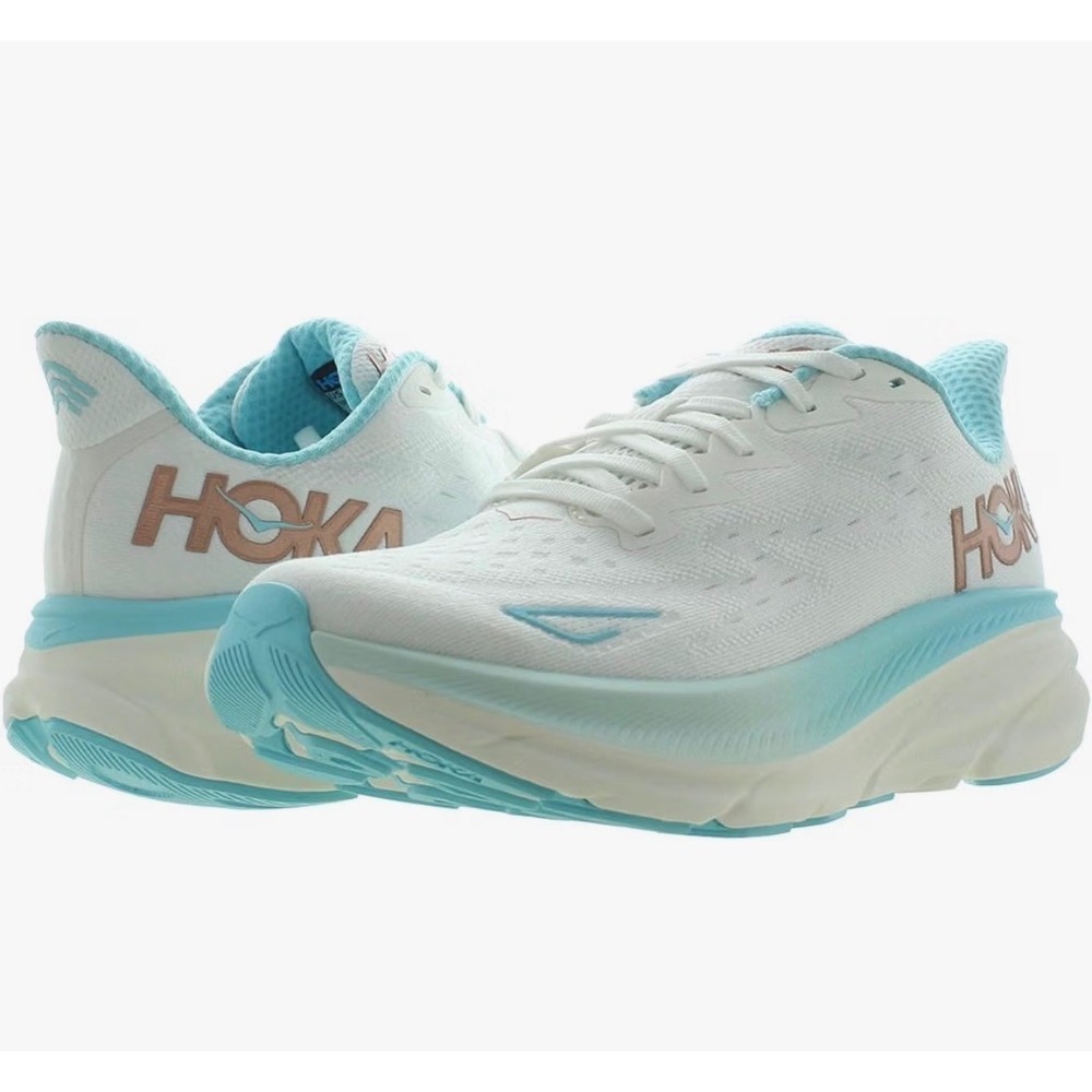 Hoka Clifton 9 Womens 8.5 Grey Blue Running Shoes Lock Laces